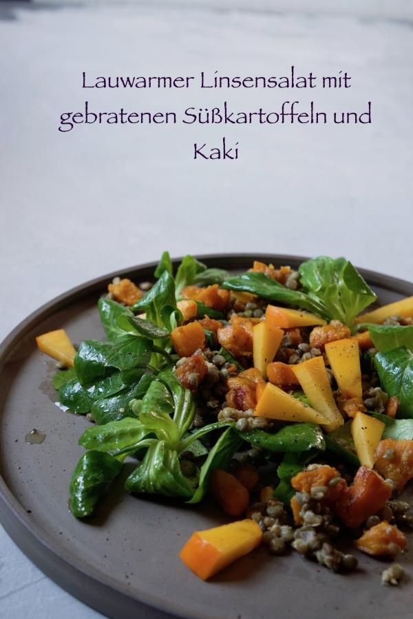 Linsensalat mit gebratenen Suesskartoffeln und Kaki